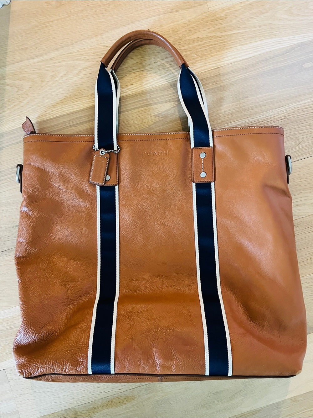 Coach Men’s Tan Leather Tote with Navy Stripe Handles